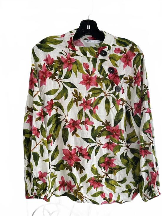 Zara Tops - ZARA Floral Linen Blend Blouse Wood Button-up Collar Tropical Design - Large